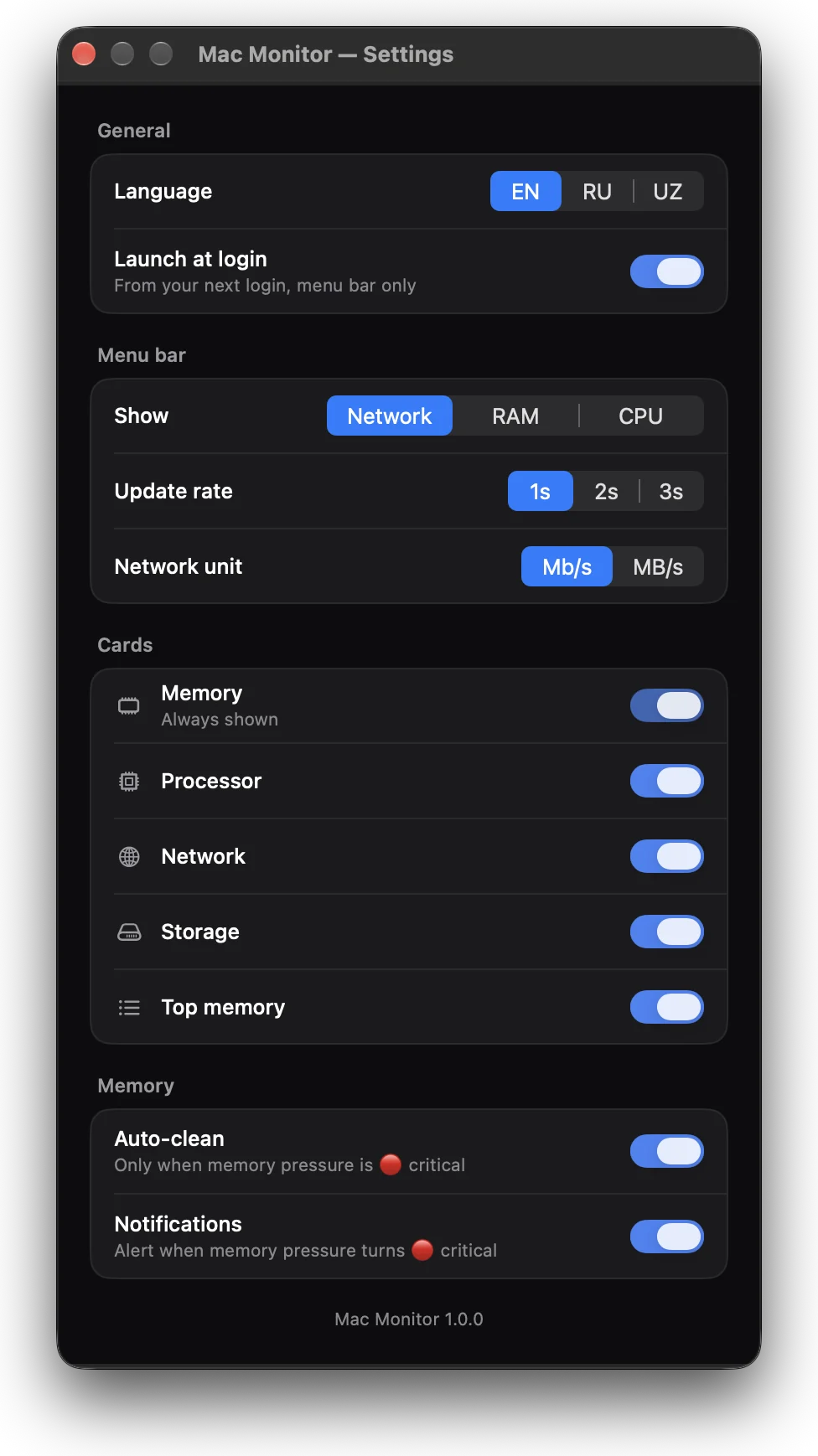 Mac Monitor settings window: language, launch at login, menu bar metric, update rate, network unit, card visibility, auto-clean and notifications