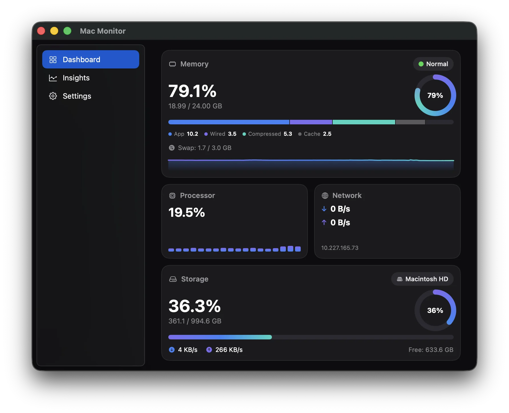 Mac Monitor full window with Dashboard, Insights and Settings sidebar